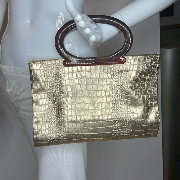 Vintage Lady's Pride Gold Croc Embossed  Folding Lucite Double Handle Tote Bag - Picture 2 of 11